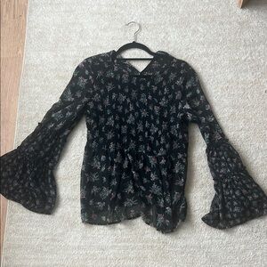 American Eagle Outfitters Black Floral Smocked Bell Sleeve Blouse